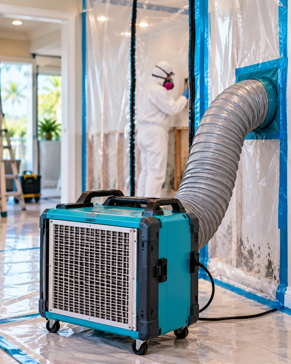 HEPA air scrubber and poly containment set up for mold remediation in Gulf Stream